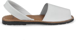 Flat Leather Peep Toe Sandals for Women. Made in Spain. Summer Sling Back Espadrille Menorcan Menorquinas. Padded Insole. Open Heel. Leather, White, and Black.