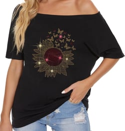 Womens Off The Shoulder Tops Shiny Shirts Short Sleeves Regular and Plus Size Dolman Metallic Tops Black+ Gold Sunflower XX-Large