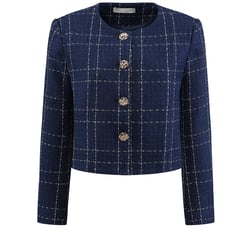 Hobemty Women's Tweed Casual Collarless Button Front Plaid Blazer Dark Blue Large