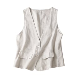 Odeerbi Lovskoo Women's Cotton Linen Sleeveless Vest Casual Loose V Neck Denim Trendy Cardigan Waistcoat Jacket Beige