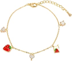 Handmade Strawberry Bracelet for Women Gold Plated Cute Sweet Summer Red Fruit Green Leaf Food Tassel Chic Crystal Charm Chain Bcacelet for Friend Family Jewelry Gifts
