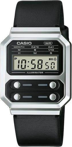 Casio A100 Series Men's Digital Wristwatch, Reproduction Design, Overseas Model Silver X Black Leather Band A100wel-1a