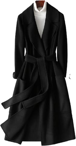 Women's 100% Wool Trench Coat Classic Notched Lapel Cashmere Mid-Long Jacket Autumn and Winter Woolen Overcoat Outwear with Belt,Black,L Large Black