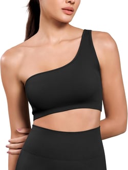 ODODOS Seamless One Shoulder Sports Bra for Women Ribbed Asymmetrical Non Padded Yoga Crop Tank Tops, Lycra Black, Small