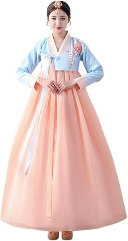 Ez-sofei Traditional Long Sleeve Korean Hanbok Dress For Women Cosplay Costume Medium Blue+pink