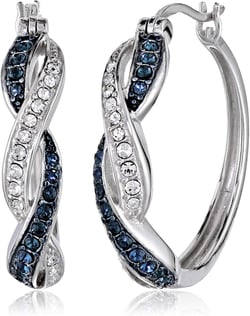 Amazon Essentials .925 Sterling Silver Rhodium Plated Crystal Twisted Hoop Earrings for Women, Hypoallergenic Nickel-Free, Lightweight Hoops with Click Post Closure Dark Blue/White