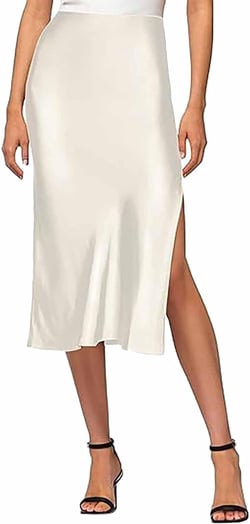 Womens Satin Silk High Waist Slit Midi Skirt Elastic Waistband Midi Skirts Elegant and Handsome Half Skirt Large White