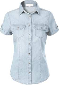 Design by Olivia Women's Cap Sleeve Button Down Denim Chambray Shirt Large Light Denim