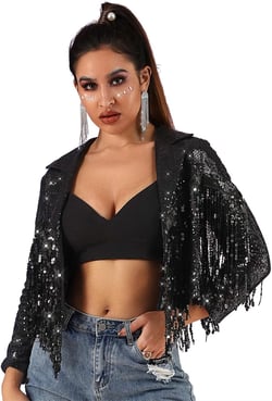 Edary Women's Sequin Jacket Coat Sparkly Long Sleeve Tassel Blazer Fringe Party Club New Years Eve Sequin Jackets Large B-black