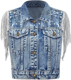 Women's Pearls Beading Denim Vest Sleeveless Sequin Fringe Jean Vest Casual Vintage Crop Top Vest X-Large Dark Blue