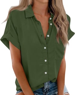 COTECRAM Summer Tops for Women 2024 Trendy Casual Button Down Short Sleeve Shirts Fashion V Neck Work Blouses Tops XX-Large A Army Green