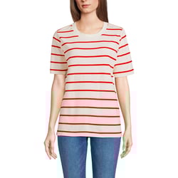 Lands' End Women's Cotton Relaxed Short Sleeve Crew Neck T-Shirt - Medium - Ecru/Red Stripe