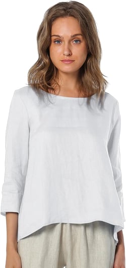 Womens Linen 3/4 Sleeve Blouse Crew Neck Summer Casual Tops Loose Fit XX-Large White