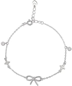 Cute Twisted Bow Four Leaf Clover Bracelet for Women Sterling Silver Crystal Charms Hand Chain Trendy Birthday Christmas Party Holiday Mother's Day Dainty Jewelry BFF (Silver)
