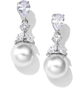 Roseeden Pearl Wedding Earrings for Brides, Bridesmaids, Bridal Pearl Cluster Earrings, Cubic Zirconia Pearl Drop Stud Earrigs for Women Silver