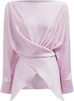 CHICWISH Women Long Sleeve Satin Silk Top Crisscross Waist Boat Neck Elegant Dressy Party Blouse Tunic Tops Pink Large