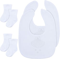 Jiuguva 4 Pcs Baptism Bib and Socks Set Christening Baptism Outfits for Boys White Embroidered Shell Baptism Bib and Socks for Baby Boy