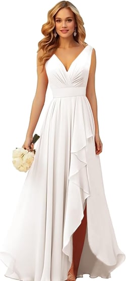 PYEFA Chiffon Bridesmaid Dresses for Wedding Women with Slit Ruffle V Neck Empire Waist Long Formal Dress 26 Plus Ivory