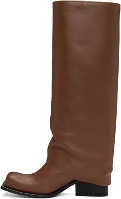 Goolita Fold Over Boots For Women, Square Toe Chunky Heel Knee High Boots Leather Slip On Wide Calf Metallic Boots 9.5 Brown
