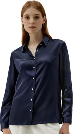 LilySilk Silk Shirts for Women Basic Formal Office Vintage Long Sleeve Pearl Button Down Silk Blouse Tops for Ladies Large Navy Blue
