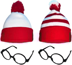 4 Pieces Red White Striped Beanies Halloween Costume Hat with Pom Poms Women Men Striped Beanies Hat with Glasses for Adult Christmas Halloween Party