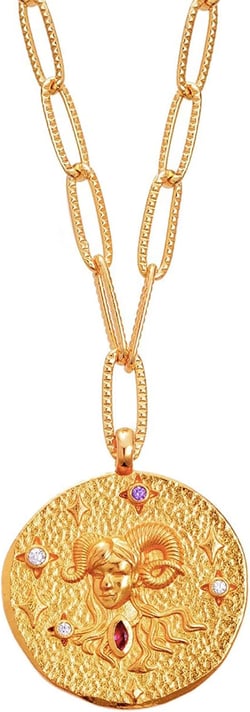 12 Constellation Necklace Lucky Zodiac Personalized Necklace 18K Heavy Gold Plated Paperclip Chain Necklace with Crystals and Gemstones Double Sided Coin Necklace Birthday Day Gifts for Women Girls Aries