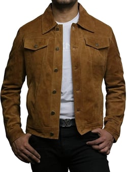 BRANDSLOCK Mens Trucker Leather Biker Jacket Genuine Goat Suede Small Tan