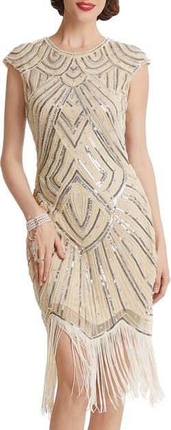BABEYOND Women's Flapper Dresses 1920s Beaded Fringed Great Gatsby Dress Beige + Crystal Decorations 3X-Large
