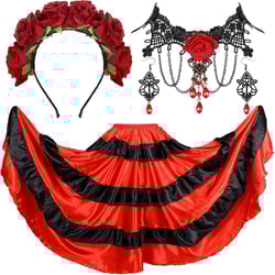 Panitay 4 Pcs Day of the Dead Mexican Costume for Women, Mexican Flower Crown Headband Red Black Layers Long Skirt Flamenco Dress Rose Lace Gothic Pendant Choker Necklace Earrings for Halloween