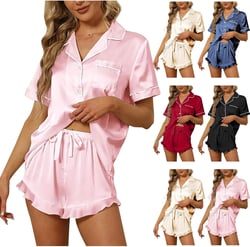 lcziwo Womens Silk Satin Pajamas Set Short Sleeve Two-Piece Pj Sets Sleepwear Loungewear Button-Down Ruffle Shorts Pj Sets Pink Small