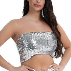 PURFUN Women Sparkly Sequins Crop Top Vintage Rave Camis Dance Top Cosplay Party Music Festival Camisole Night Clubwear One Size Silver