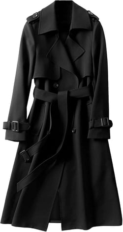 SOMTHRON Women's Double Breasted Long Trench Coat Belted Notch Lapel Overcoat Windproof Classic Outerwear X-Large Black