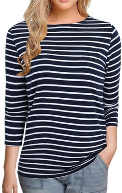 LilyCoco Womens 3/4 Length Sleeve Tops Breton Striped Boatneck Shirt French Cotton Tees Navy Black Stripee XX-Large