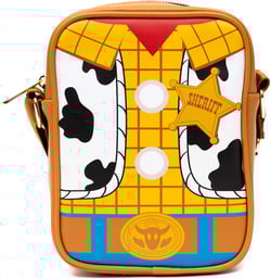 Disney Vegan Leather Crossbody Backpack for Men and Women with Adjustable Strap, Toy Story Woody Doll Chest with Back Close Up Brown
