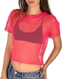 Sheer Mesh Fishnet Rave Festival Women's Crop Top XX-Large Neon Pink