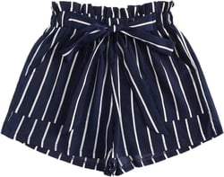 Floerns Women's Elastic Waist Shorts Summer Striped High Waisted Bow Tie Belted Shorts with Pockets Navy Blue XL