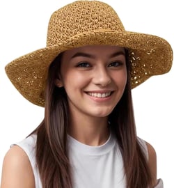 Lanzom Womens Ladies Straw Hat Wide Brim Beach Sun Cap Foldable Large Floppy Braided Sun Hat for Travel (Khaki)