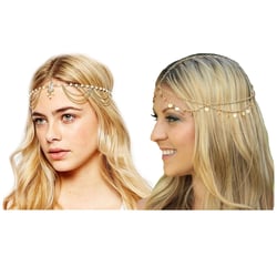 2 Pcs Gold Head Chain Pearl Sequins Rhinestone Headband Crystal Bohemian Hair Bands Hoops Halloween Women Boho Indian Hippie Hairband Headpiece Cosplay Christmas Wedding Birthday Party Accessories