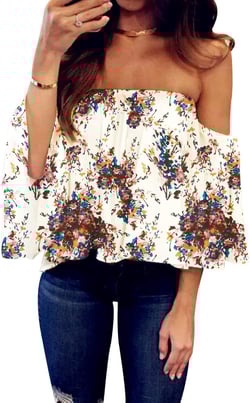 Women's Summer Off Shoulder Blouses Short Sleeves Sexy Tops Chiffon Ruffles Casual T Shirt Large Wi White Purple Flower