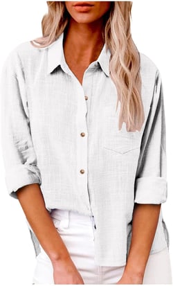 Cotton Linen Button Down Shirts for Women Long Sleeve Collared Work Blouse Trendy Loose Fit Summer Tops with Pocket Medium #01 White