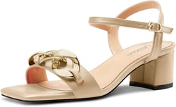 Usikall Womens Chunky Block Mid Low Heel Square Toe Sandals Ankle Strap Slingback Buckle Metal Chain Casual Dress Summer 2.0 Inches Shoes 9 Beige