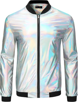 Lars Amadeus Metallic Varsity Silver Holographic Jacket for Men's Zip Up Long Sleeves Shiny Silver Bomber Jacket Medium