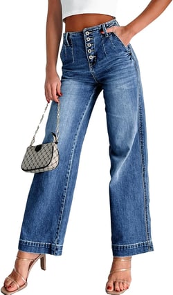 Sidefeel Women's Wide Leg Jeans High Waisted Button Fly Stretchy Straight Legs Denim Pants 14 Dark Blue