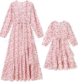 AWIBMK Mommy and Me Matching Dresses Floral Ruffled Hem Long Dress Fall Winter Strawberry Mom Daughter Matching Outfits Girl 2T Pink Flower