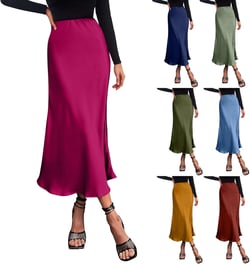 Womens Elegant Midi Skirt High Waisted Solid Satin Dress Work Skirts Party Wedding Flared A-Line Skirts Medium 1-hot Pink