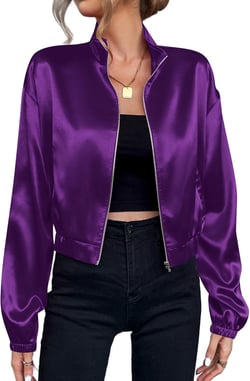 Verdusa Women's Bomber Satin Lightweight Jacket Drop Shoulder Long Sleeve Zip Up Outerwear Large Purple