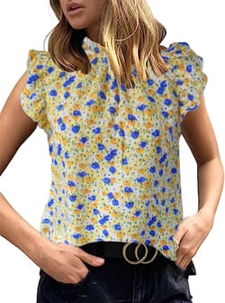 Avanova Women Satin Silk Ruffle Cap Sleeve Mock Neck Blouse Work Summer Tops Shirt Floral Yellow Small