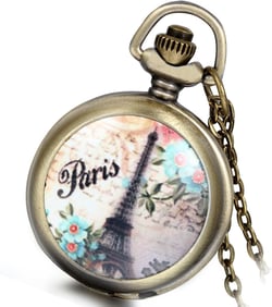 Vintage Tree of Life Hollow Bronze Pocket Watch Quartz Arabic Markers Carved Men and Women Watches with Necklace Chain Pendant Eiffel Tower