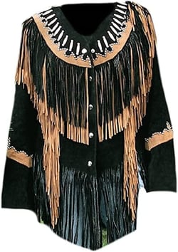 Women Traditional 100% Genuine Suede leather Western Cowgirl Jacket| Classic Native American Coat with Fringed X-Small Black & Brown