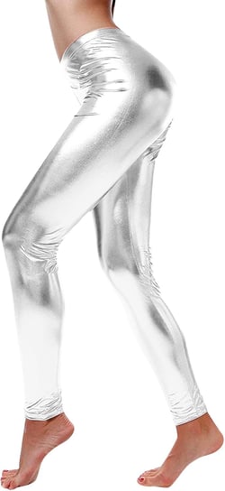 Leggings for Women Sexy Shiny Faux Leather Wet Look Metallic High Waist Pants Trousers Clubwear Pure Color Stretch 01 Silver, Large